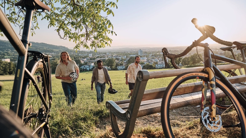 Fahrräder lehnen bei Sonnenschein an einer Bank. Drei Menschen kehren nach einer Pause auf einer Weide zu ihren Fahrrädern zurück